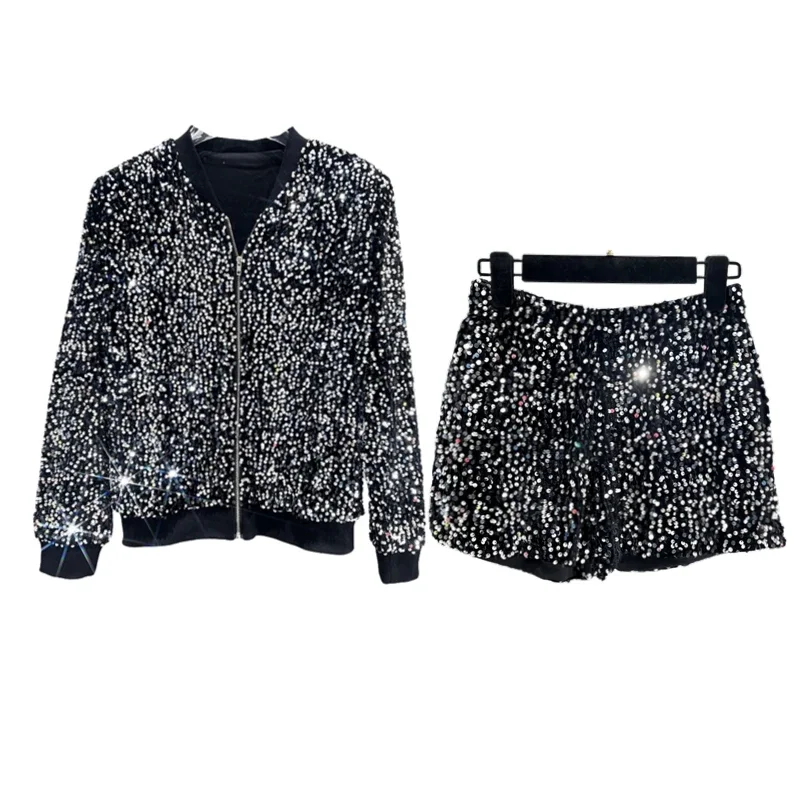 Premium Sequined Coat Women's Suit Jacket Zipper Top Baseball Uniform Casual Versatile and Thin Two-piece Women's Fashion 2