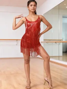 Abito da ballo latino con frange per donne e ragazze, sexy, con lacci sul retro, paillettes scintillanti, tuta con nappe, tuta metallizzata per ballo da sala
