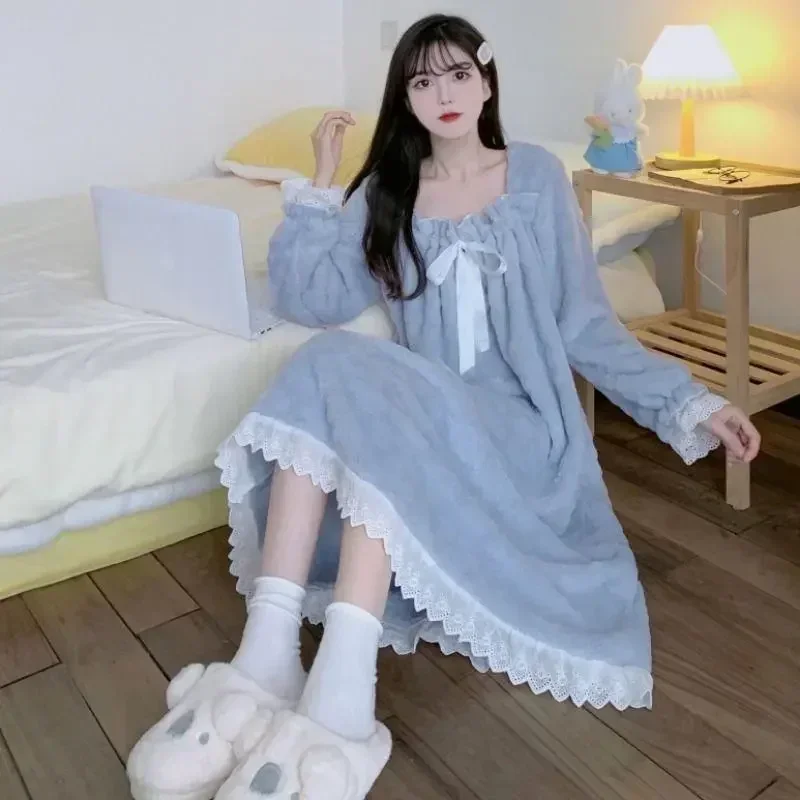 

Nightgown Piece Long Night One Bow Womens Fleece Sleepwear Lace Wear Square Collar Sleeve Winter Pajamas Home Dress Solid Warm