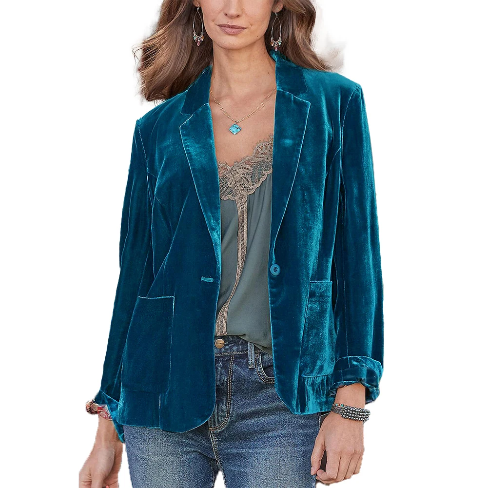 Women's Lapel Casual Business Blazers Suit Jackets Ladies Solid Pocket Velvet Single Button Cardigan Coat Blazers Clothing