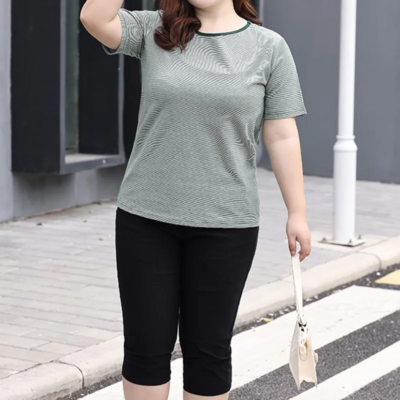 Korean Crew Neck Pullover Short Sleeve Loose T-Shirt Summer Clothes for Women Simplicity Fashion Striped Printing Plus Size Tops