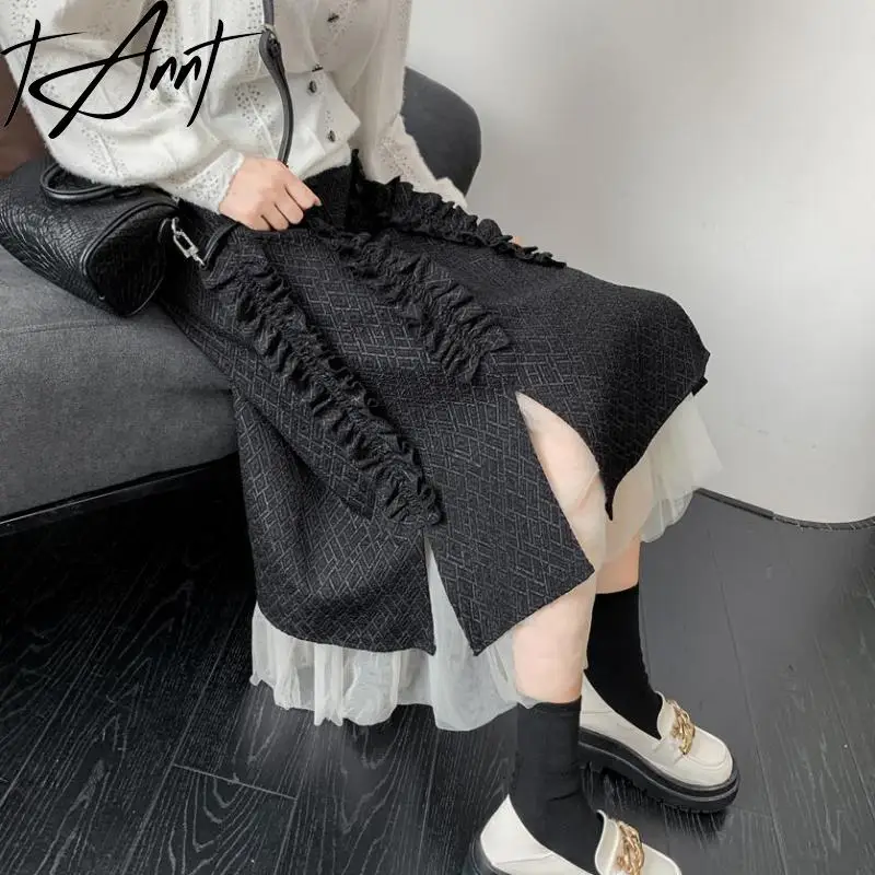 

Tannt Women Skirt Mesh Patchwork Asymmetry High Waist Long Skirts Split Fashion Color Matching Black Skirts For Women 2023 New