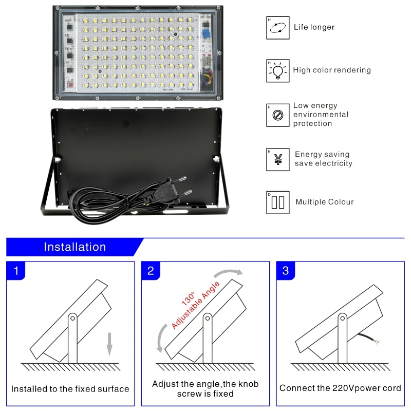 รูปสินค้า ไฟส่องถนน LED 100W กันน้ำ IP65 พร้อมปลั๊ก EU 1 เมตร