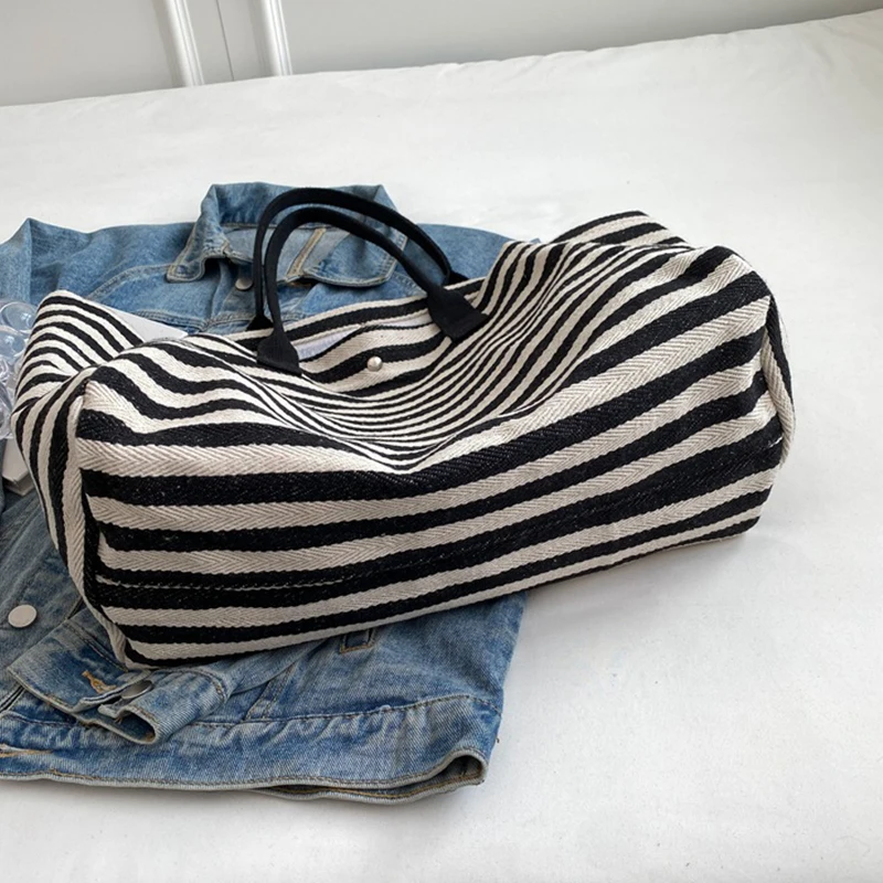 Casual Striped Canvas Bag For Women Large Capacity Shoulder Bag Daily Shopping Totes Student Bookbag for School Travel Beach Bag