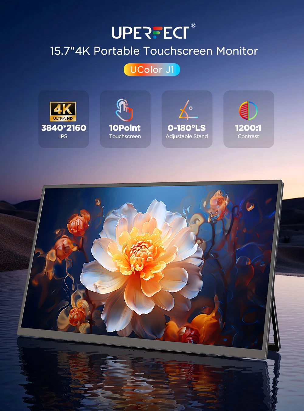 UPERFECT 4K UHD 휴대용 모니터 15.6인치 터치스크린(LS 스탠드 포함) VESA 터치 울트라와이드 프레임리스 노트북 맥 PC 게이밍 IPS 디스플레이