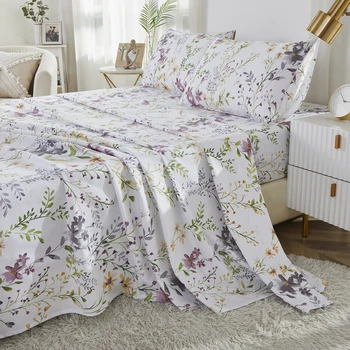 4pcs 600 TC 100% Egyptian Cotton Fitted Sheet Set (Without Core), Fresh Pinky Spring Botanical Pattern, Soft And Skin-friendly 1