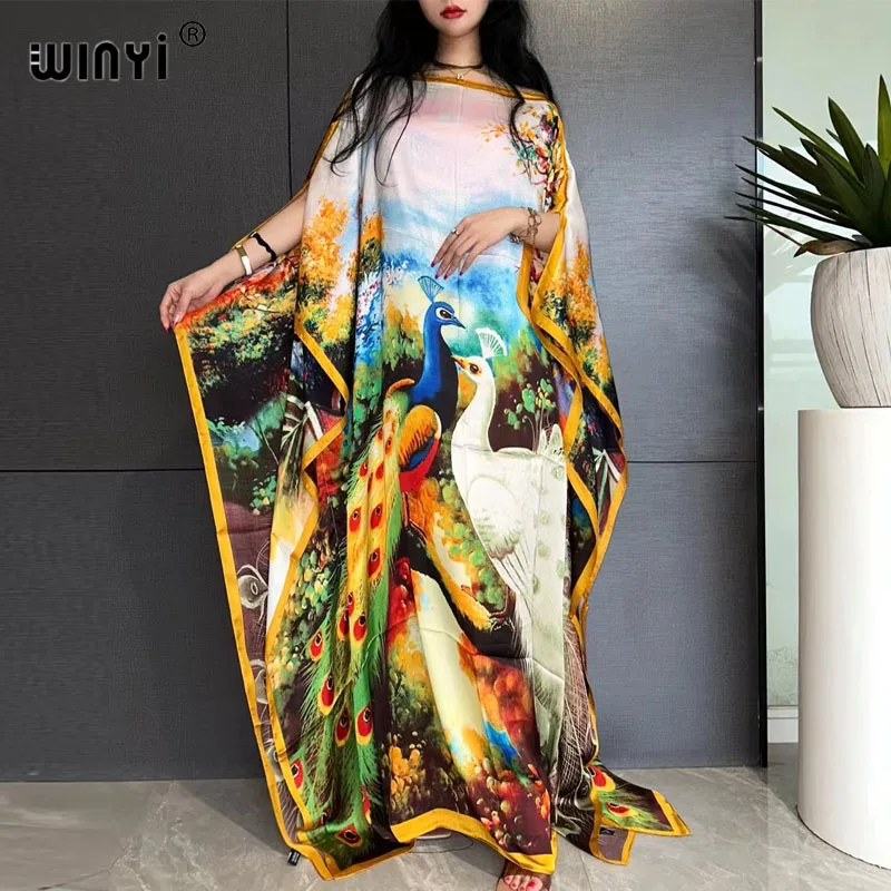 

WINYI летнее удобное шелковое элегантное модное вечернее платье с кисточками женское платье с принтом абайя Ближний Восток женский свободный кафтан