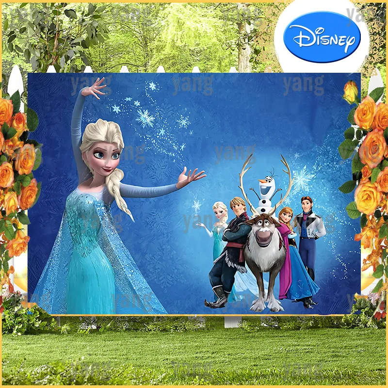 Disney Cartoon Frozen Princess Cute Olaf Sven Anna Elsa Hans Birthday Party Blue Glitter Background Photography Background