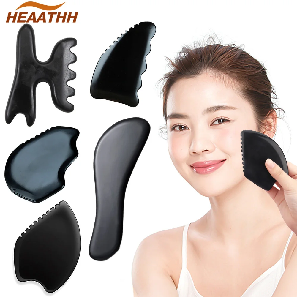 Black Bian Stone Facial Gua Sha Massager for Face Beauty Neck Body SPA Massage Scraper Skin Care Tool Fades Wrinkles Spots 14pcs scraping painting art tools set with bamboo stick scraper repair pen black brush for kids children birthday christmas gift