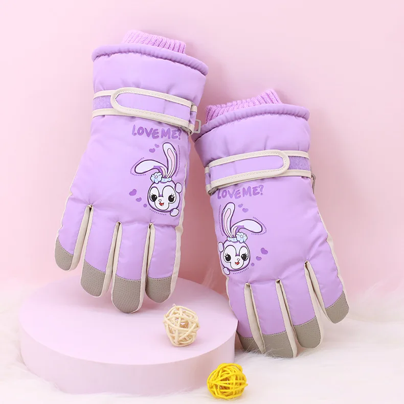 New children's ski gloves winter baby girl cute cotton warm velvet thickened 10-year-old boy winter snow waterproof