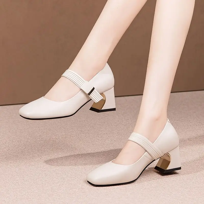 

Size 33-43 High Quality Natural Genuine Leather Women Heels Shoes Party Shoes Fashion Four Seasons Thick Heel High Heel Shoes