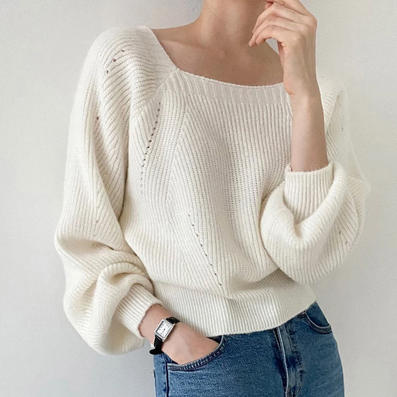 Autumn and Winter New Retro Women's Solid Color Long-sleeved Sweater Fashionable Square Neck Solid Color Loose Short Pullover