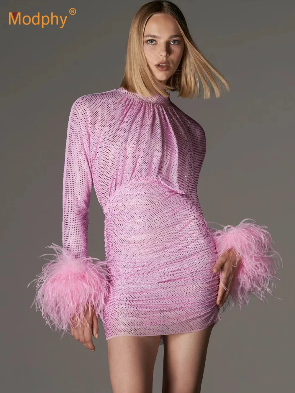 

Modphy Sexy Shiny Rhinestone Feathers Mesh Mini Dress Women Pink Long Sleeves Diamonds Feather Folds Slim Dress Party Evening Cl