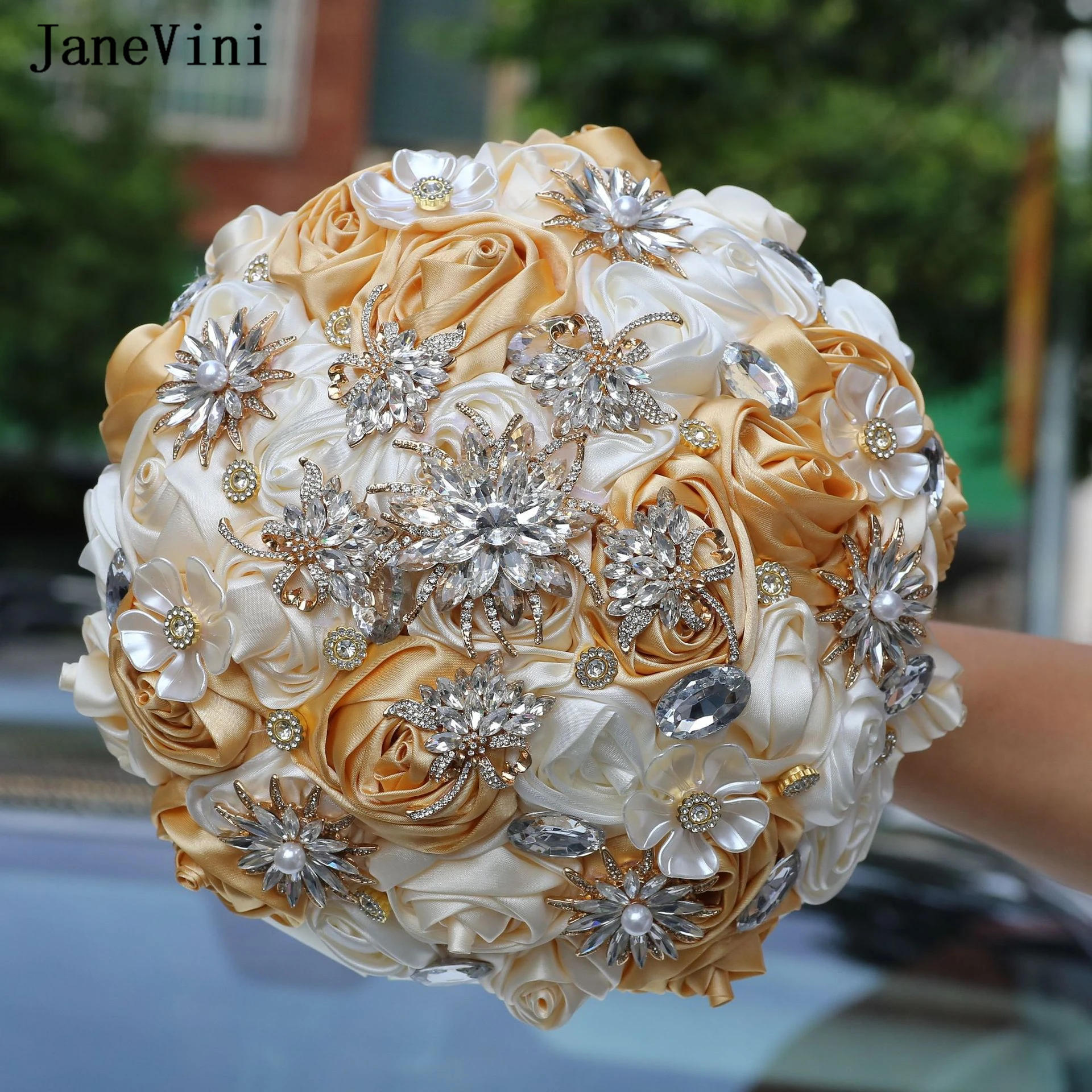 

JaneVini 2023 Luxury Diamond Crystal Bridal Bouquets Lace Handle Artificial Satin Roses Light Khaki Ivory Wedding Flower Bouquet