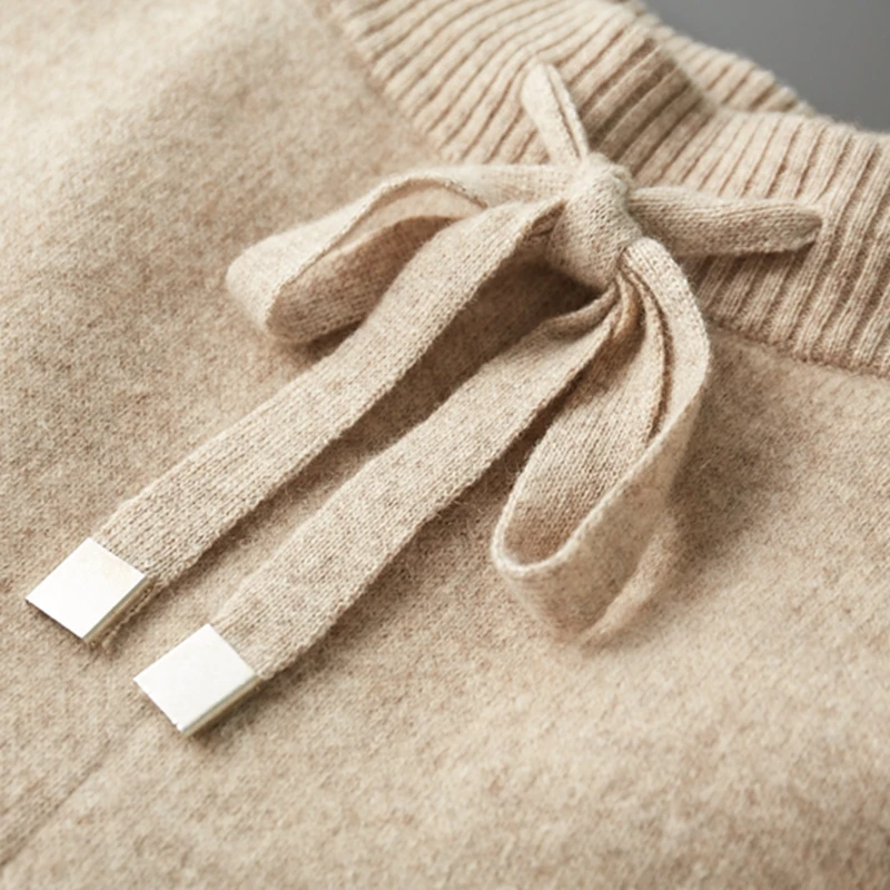 100% Cashmere Suit Men Hooded Zipper Cardigan Autumn Winter Knitted Two-Piece High Waist Trousers Fashion Solid Color Sweater 6