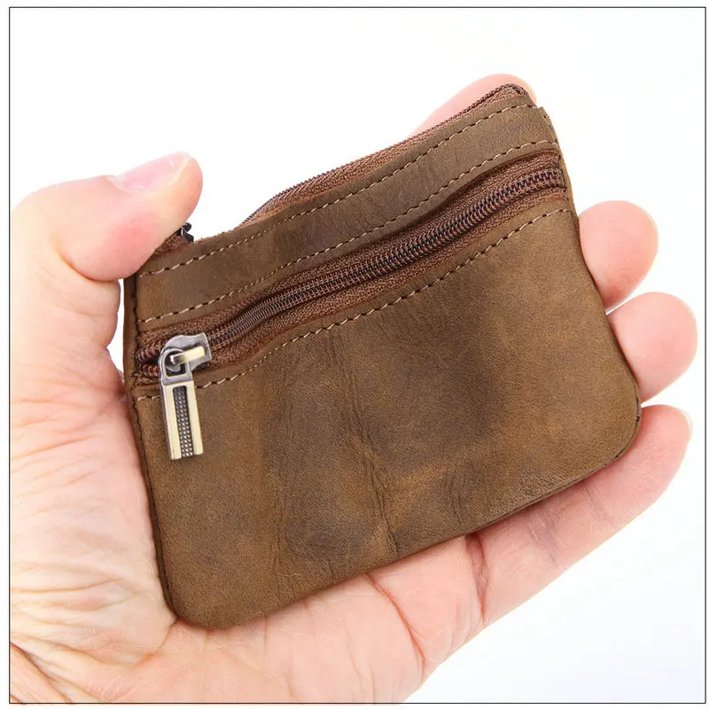 Vintage Genuine Leather Coin Purse with Keychain - Cowhide Zipper Wallet & Key Holder