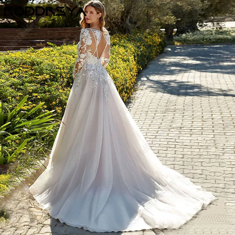 

RODDRSYA Иллюзия без спины A-линия Свадебное платье V-образным вырезом кружева с длинным рукавом Trouwjurk 2024 Элегантный A-линия ПользовПлатье свадебное кружевное ТРАПЕЦИЕВИДНОЕ с открытой спиной и V-образным вырезом