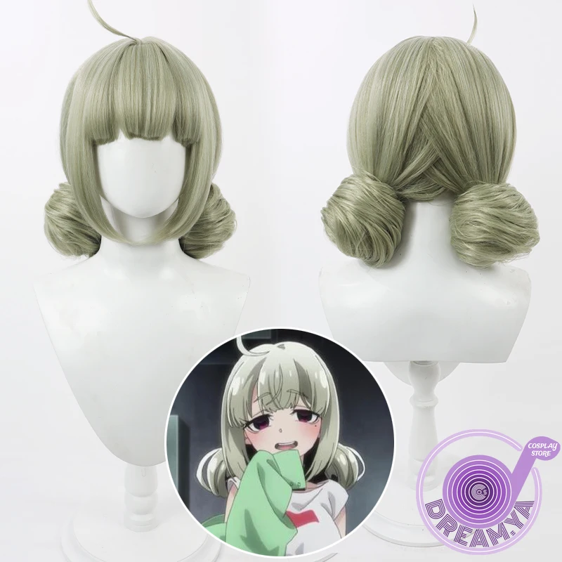 

Araga Kiwi Cosplay Wig MahoAko Anime Light Green Buns Short Heat Resistant Synthetic Hair Halloween Party Role Play + Wig Cap