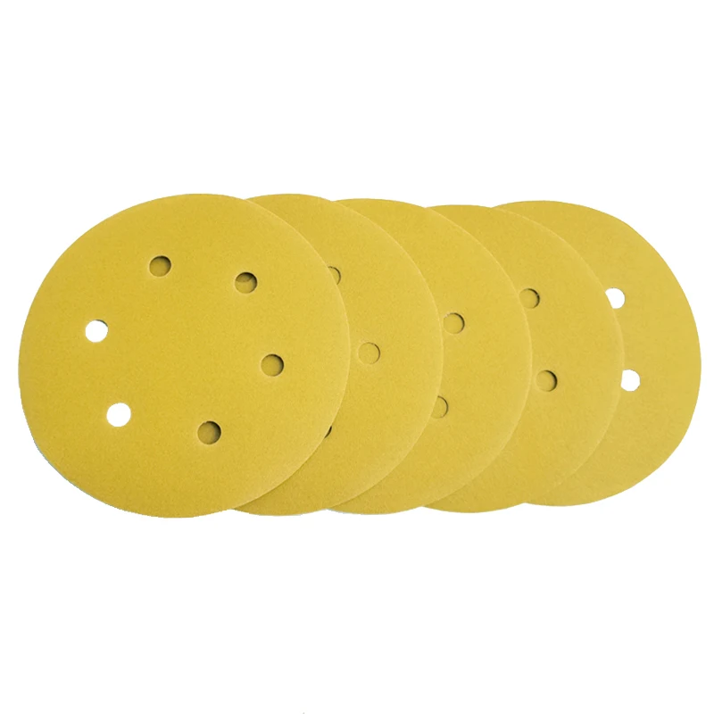 노란색 건조 사포, 6 인치 6 홀, 150mm 플록 라운드 자동차 페인트 연마 목재 사포, 80-600