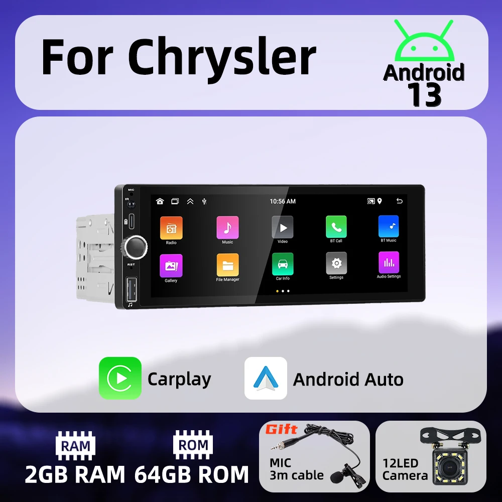 

1Din Wireless Carplay Android Auto Radio Android Car Multimedia for Chrysler 6.86" Screen Stereo Head Unit Autoradio GPS BT Wifi