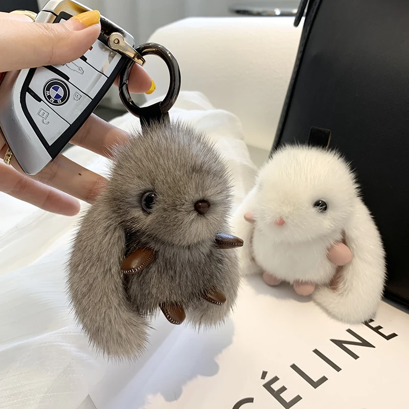 Cute Long Ear Bunny Keychain Real Mink Fur Rabbit Doll Pendant