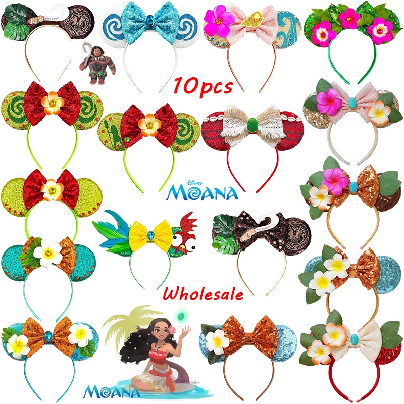 10pcs Wholesale Disney Moana Ears Headbands For Kid Cosplay Hook Bow Maui Hair Accessories Women Frangipani Flower Hairband Girl