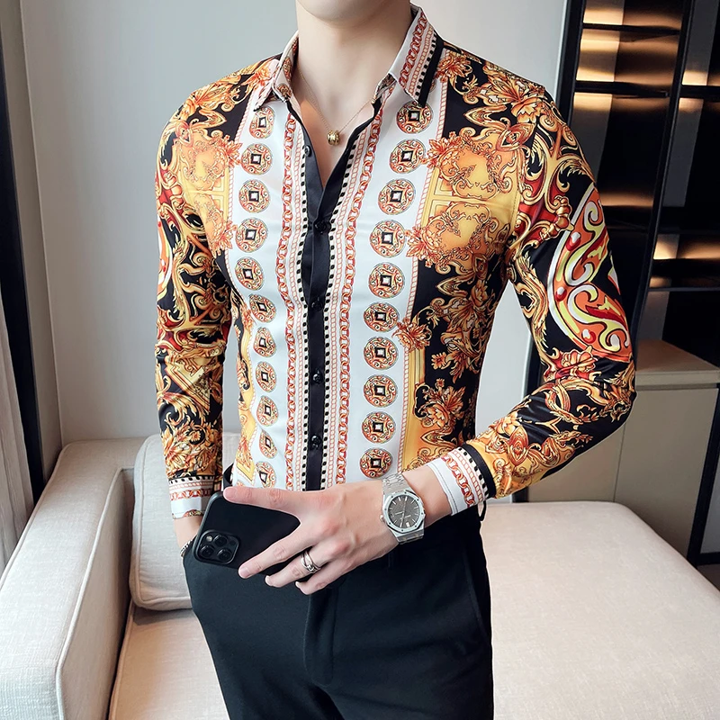 Camisa de lujo con estampado de oro real para hombre, ropa de de manga larga, ajustada, para negocios, vestido para fiesta y Club, a la moda|Camisas de vestir| -