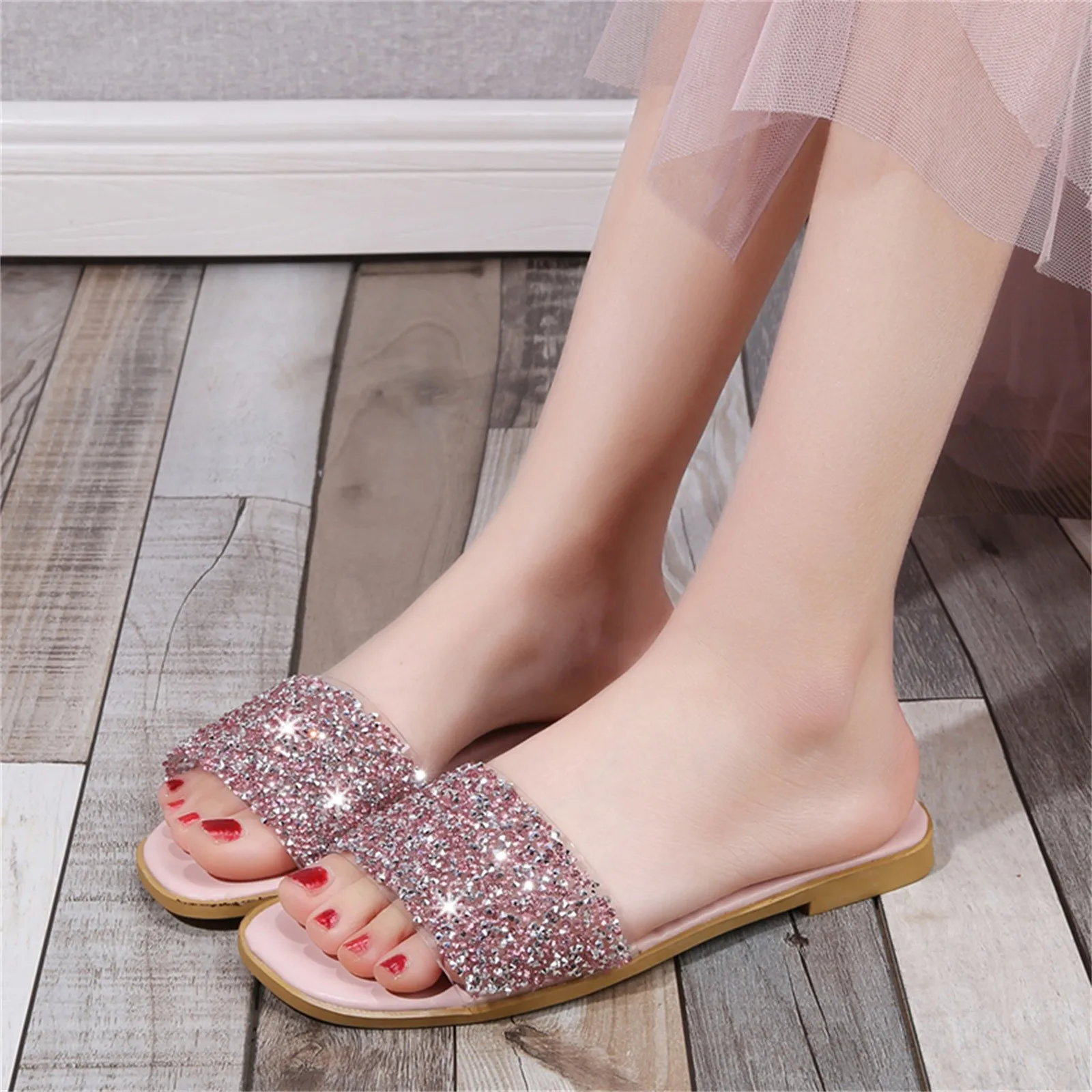 Ladies Rhinestone Sequins Colorful Flip Flops for Leisure Fashion Shoes Womens Wedges Sandals 