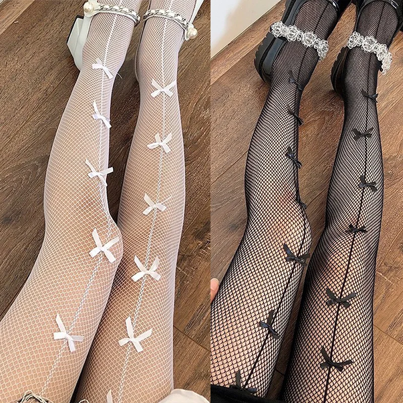 Sexy Hollowed Out Stockings Women Girls Black Elastic Bow Fish Net Stockings Sweet Transparent Slim Pantyhose Fashion Accessory