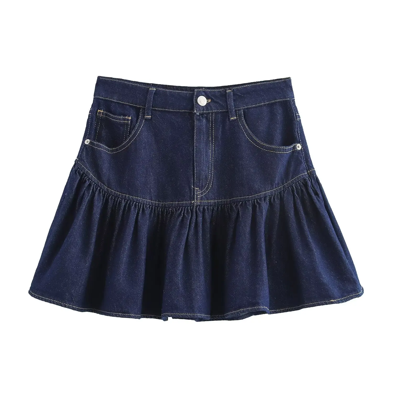 thumbnail image 1 of HH TRAF Falda corta plisada ancha de verano para mujer, falda vaquera de estilo callejero con bolsillos y botones de cintura alta a la moda para mujer, 1 of 4