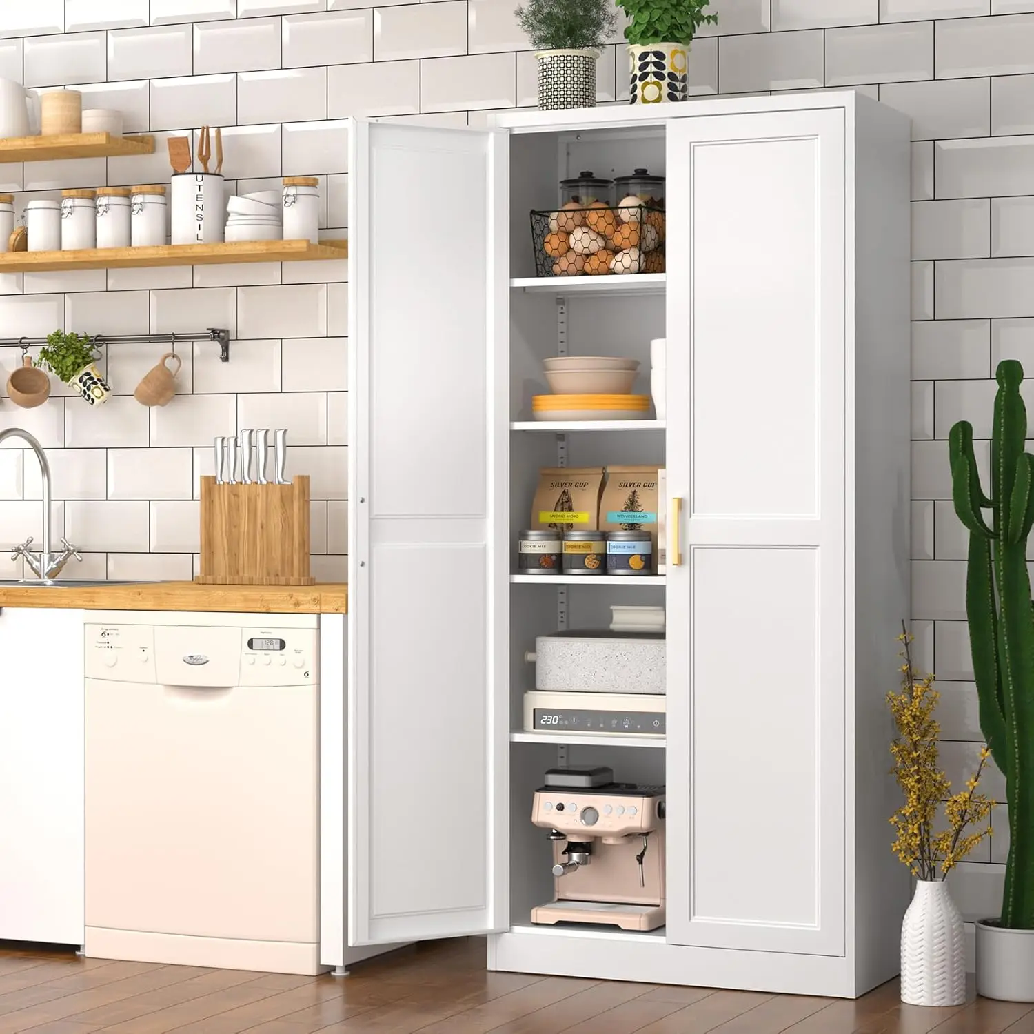 White Kitchen Pantry Cabinet, Pantry Storage Cabinet with Doors and Adjustable Shelves, Metal Food Pantry Cabinets with Handle 2
