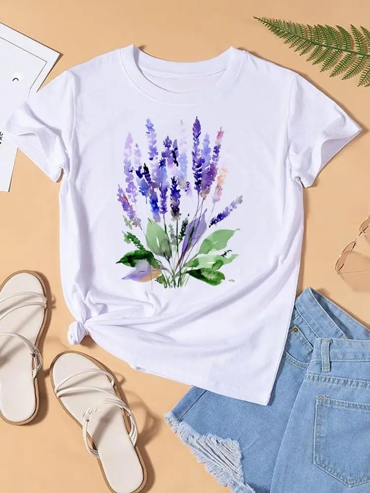 

Flower Watercolor Lovely Graphic T-shirt Women Top Lady Female Shirt Tee Short Sleeve Print Fashion O-neck Clothing Clothes