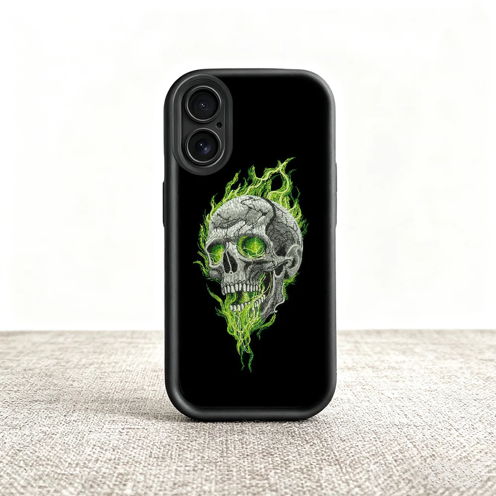 Skull Flame Embroidery Black Soft Shell Phone Case with Lens Protection