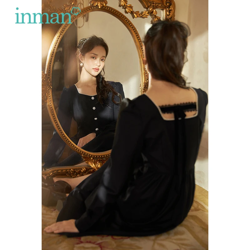 INMAN Women's Dress Vintage Chic Vestidos Temperament Square Collar Elegant Dresses For Women Commuter Pearl Trim Party Dresses