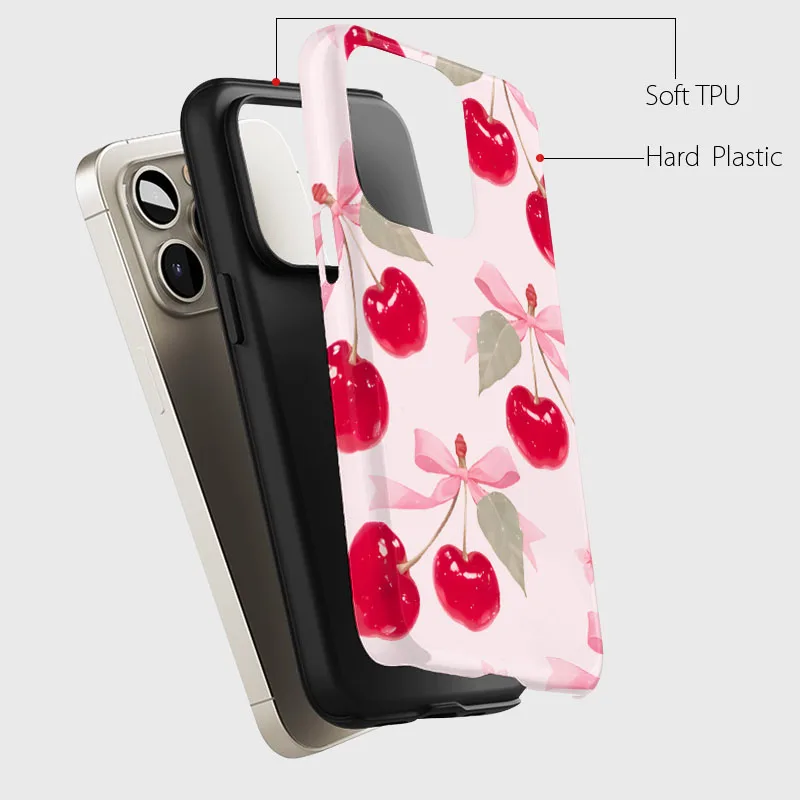 Pink Cherry Shockproof Phone Case with 2-in-1 Film Shell Cover