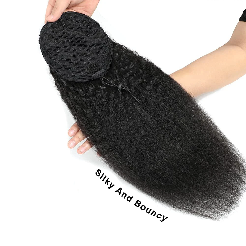 Human hair extensions Kinky Straight Wrap Around Drawstring Ponytail With Clips Yaki Straight #1B Clip In Virgin Hair Extensions