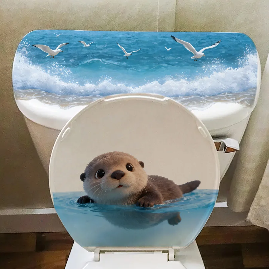 Cute Otter Ocean Wave Toilet Tank Sticker - Vinyl Wall Art