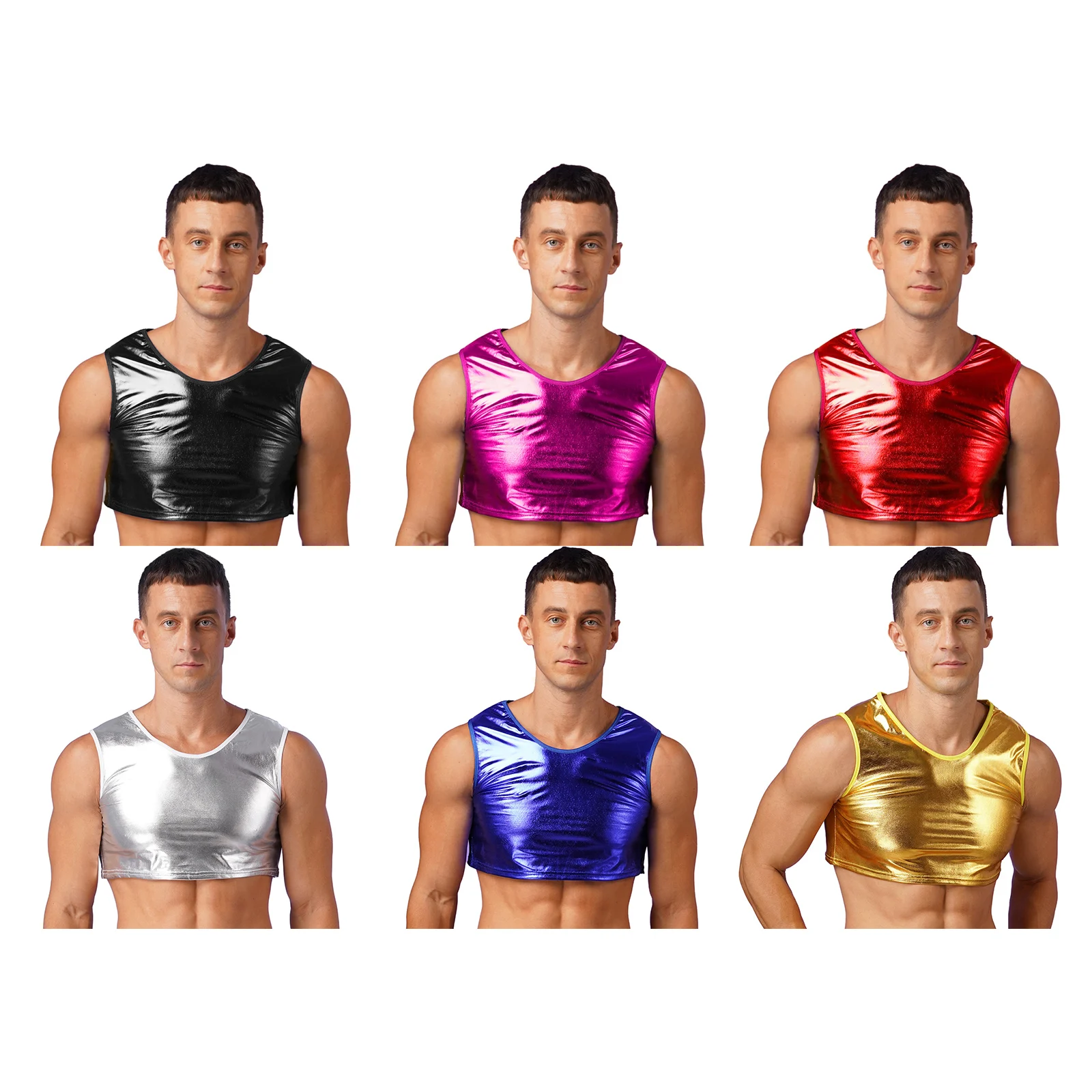 Men's Shiny Oil Short Sleeve Mock Neck Crop Top - Muscle Fit, Disco Party, Stage Performance