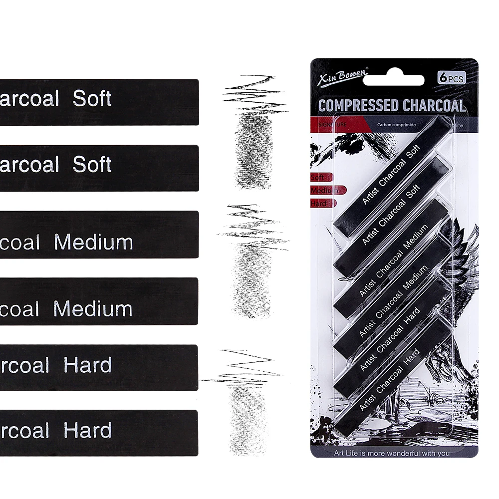 6Pcs Compressed Charcoal Sticks, (Soft, Medium, Hard) Sketch Charcoal Bars for Drawing, Sketching, Shading, Beginners & Artists