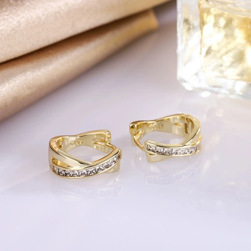 Classic Crossed White Zircon Round Stone Hoop Earrings For Women Vintage Gold Color Ear Buckle Wedding Jewelry Valentine Gifts