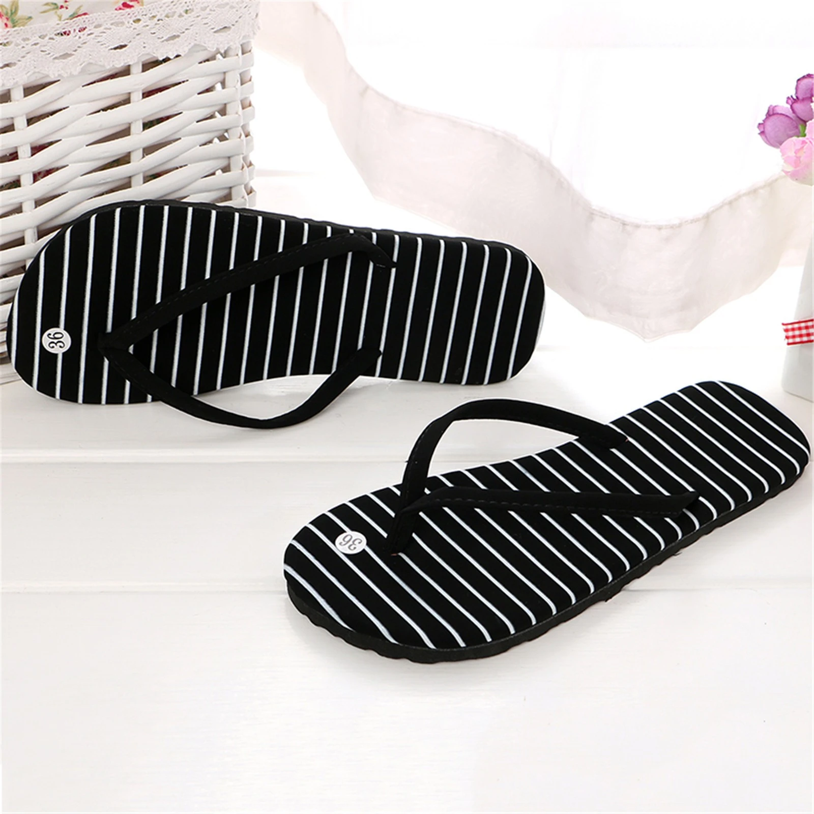 Striped Flat Beach Flip Flops Women's Summer Footwear Nonslip