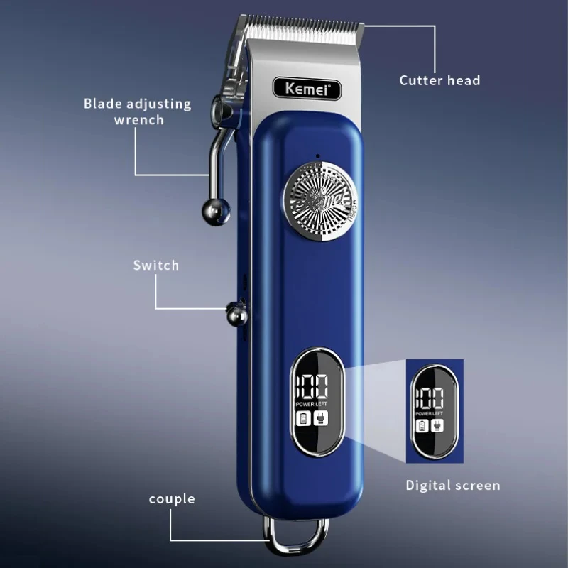 Kemei Km-1895 도구 헤드 조정 가능한 디지털 디스플레이 헤어 트리머, USB 충전, 대용량 배터리 클리퍼 커터