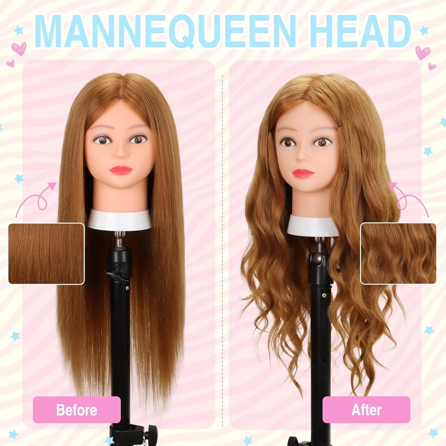 22-24'Cosmetology Mannequin Head with Free Clamp Stand and Tools for Hairdresser Styling Practice 80% Real Hair Manikin Headdoll
