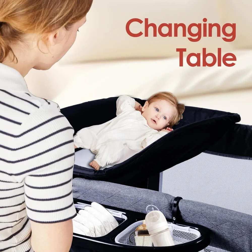 4 in 1 Pack n Play, Multifunction Baby Bassinet Bedside Crib, Portable Baby Nursery Center Playard w/Baby Changing Table 4
