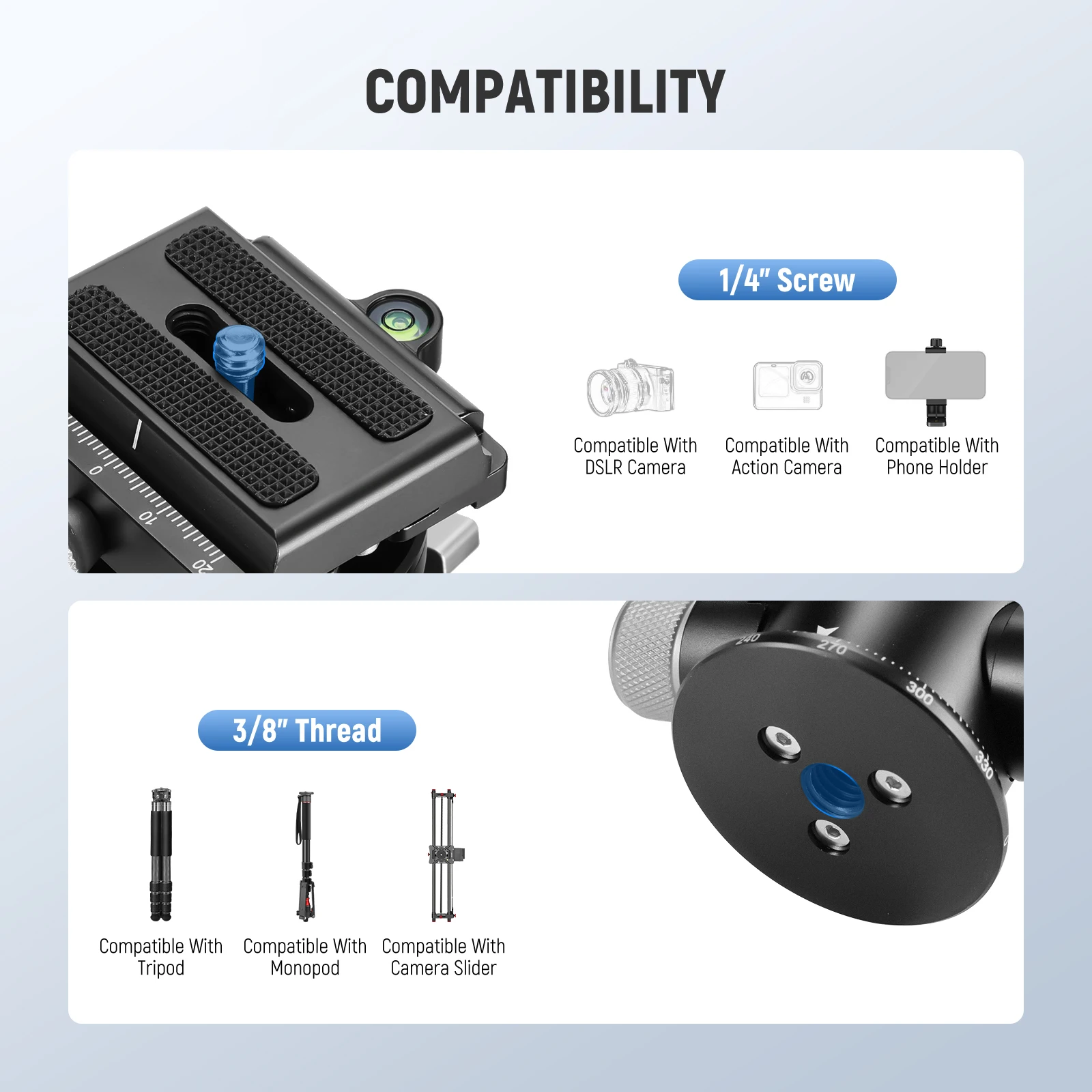 2-Way Geared Tripod Head with Millimeter Micro Adjustment 360° Panoramic Arca Q