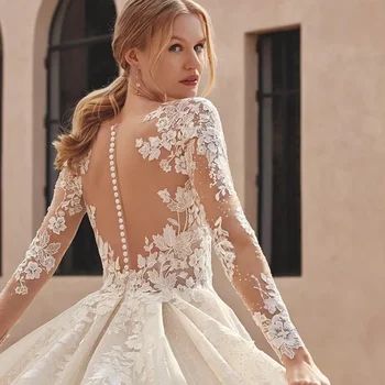 Abiti da Sposa Principessa Personalizzati in Organza con Applicazioni Ricamate, Abito a Palloncino con Scollo a O, Maniche Lunghe, Bottoni, Vestido De Novia
