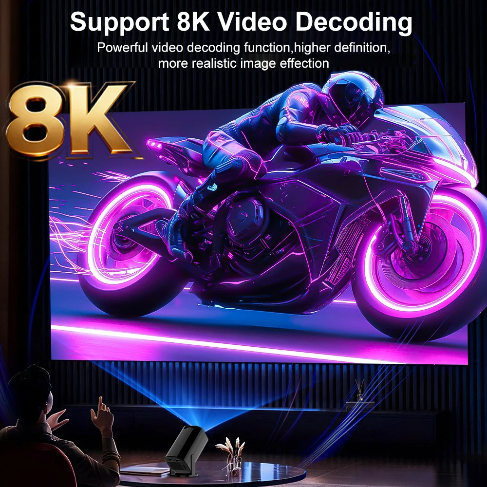 휴대용 프로젝터 300AMSI 네이티브 720P HD 8K 비디오 디코딩 WiFi6 BT5.2 안드로이드 14 침실 야외 영화 감상용 홈 프로젝터