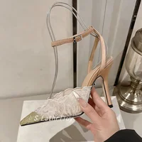 Nouvelles sandales à talons hauts pour femmes, sexy, à blocs de couleur, en dentelle, à bout pointu, sandales d'été, chaussures de soirée, escarpins 2