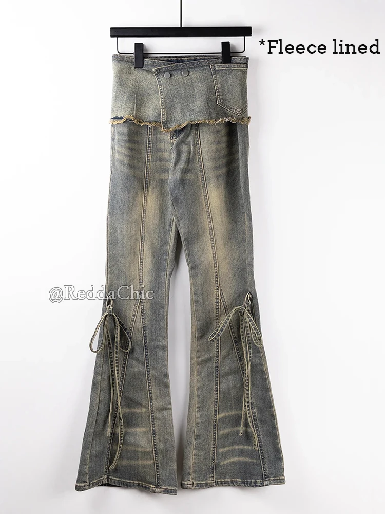 REDDACHiC Dirty Green Women's Flare Jeans Whiskers Bandage Fake