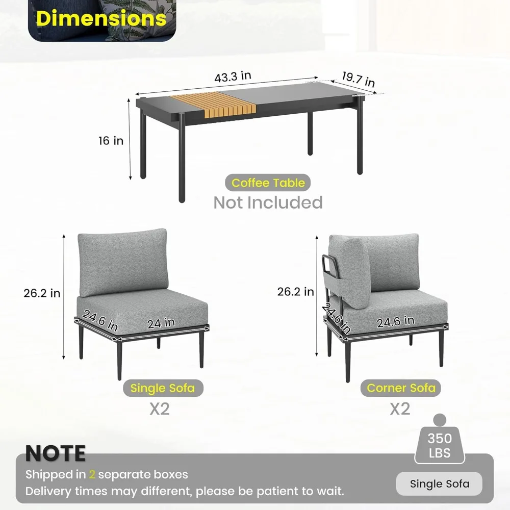 Outdoor 4 Pieces Metal Patio Furniture Set, Outdoor Sectional Sofa w/6 Inch Olefin Cushion,Modern Outdoor Conversation Sets 2